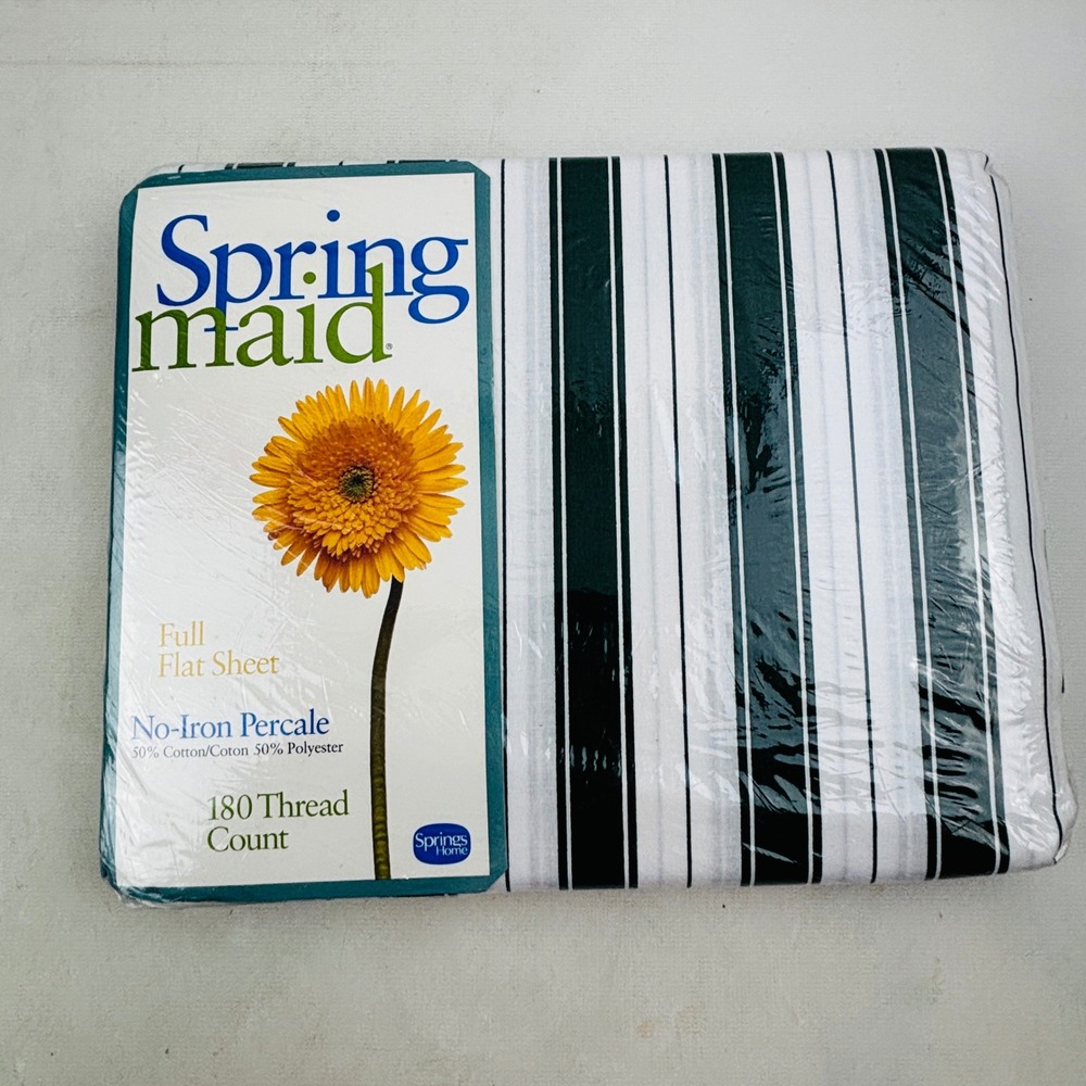 Vintage Springmaid Pinafore Stripe Full Flat Sheet Hunter Green No-Iron Percale